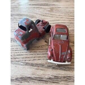 Vintage Red Volkswagen Beetle & Red Semi-Truck Tootsie Toy Truck Die Cast Cars